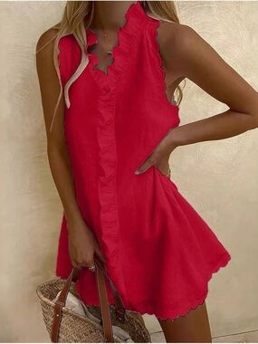 Red Ruffle V Neck Sundress Small